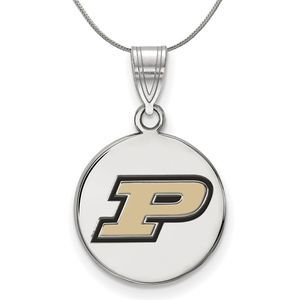 Sterling Silver Purdue Medium Enamel 'P' Disc Necklace - 16 In